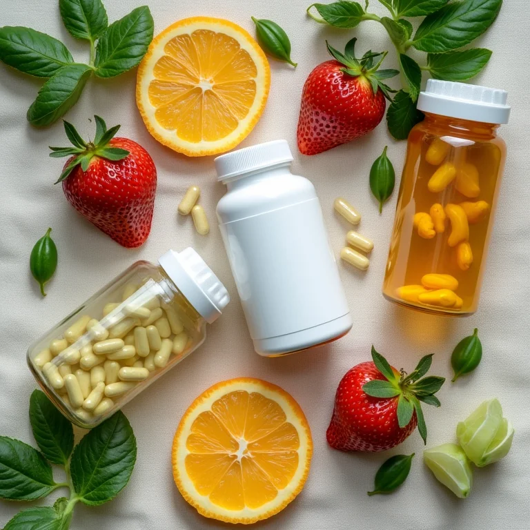 Probióticos em cápsulas com frutas e vegetais frescos.