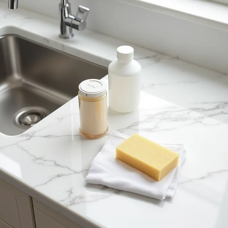 Produtos de limpeza organizados para limpar pia de inox: bicarbonato, vinagre, esponja