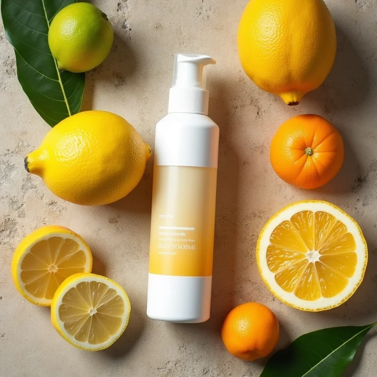 Produtos de skincare e frutas cítricas com protetor solar.