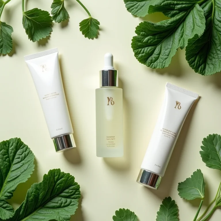 Produtos de skincare e vegetais verdes ricos em Niacina (Vitamina B3)