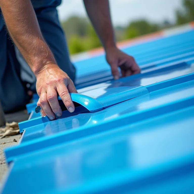 Profissional instalando telha de policarbonato azul em uma estrutura de telhado