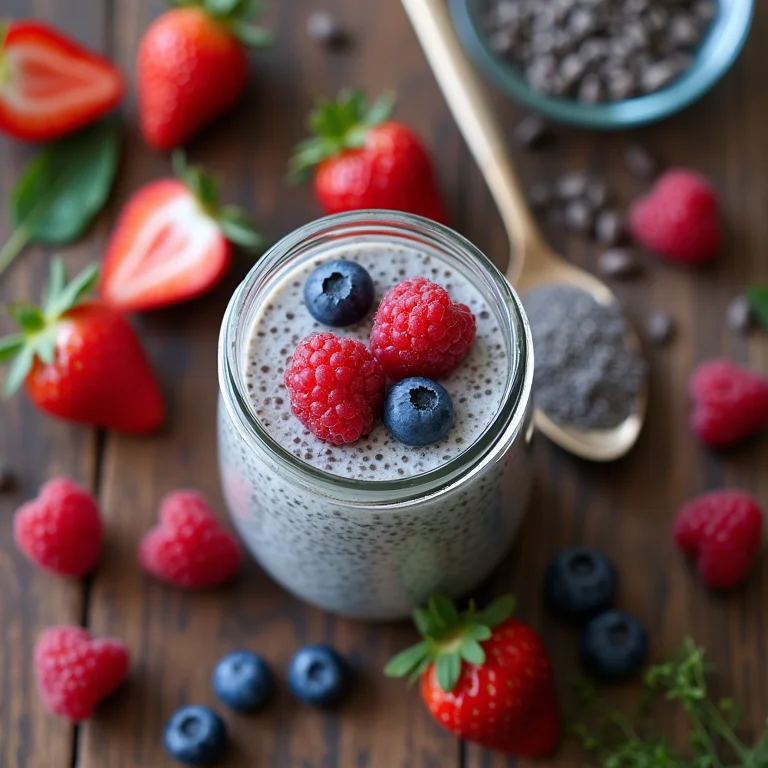 Pudim de chia com frutas vermelhas.