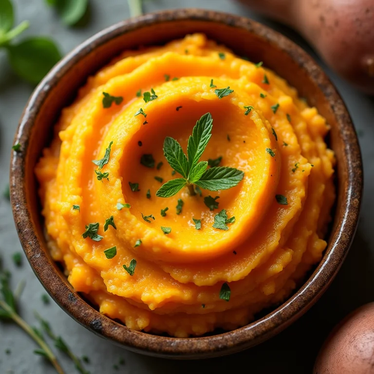 Purê de batata doce cremoso em tigela rústica.