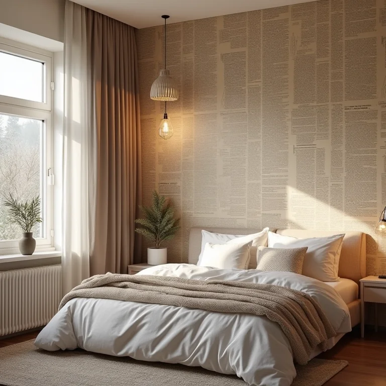 Quarto aconchegante com papel de parede de jornal criando um ambiente personalizado