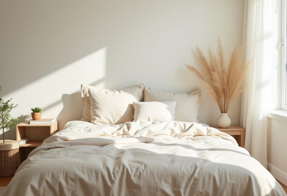 Feng Shui no Quarto: 5 erros que você precisa evitar JÁ! Quarto com decoração minimalista e cama arrumada, transmitindo paz e organização.