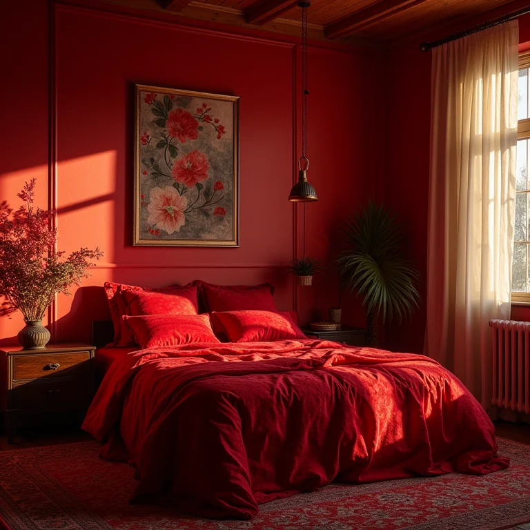 Quarto com roupa de cama vermelha e padrões estimulantes, representando cores a evitar