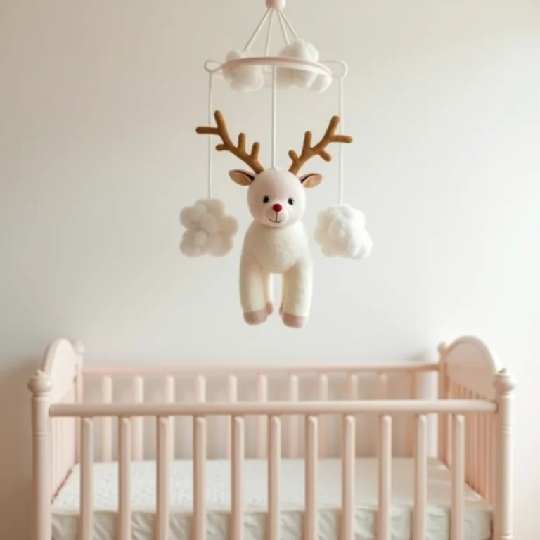 Quarto infantil com móbile de rena artesanal pendurado sobre o berço