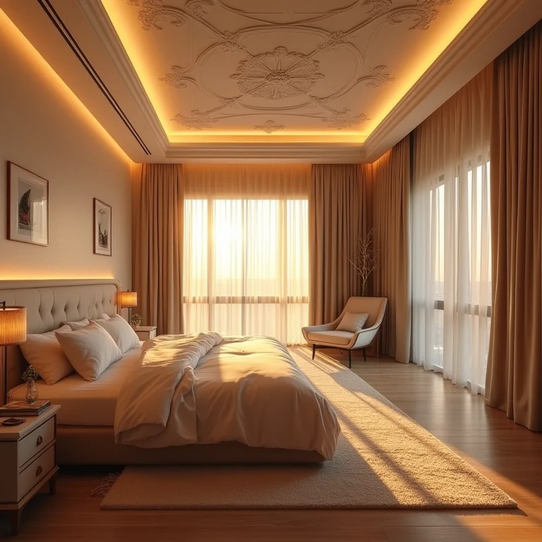 Quarto luxuoso com iluminação LED dimerizável em teto de gesso