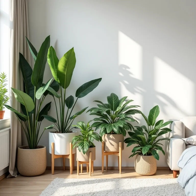 Quarto minimalista com coleção de plantas de sombra em suporte
