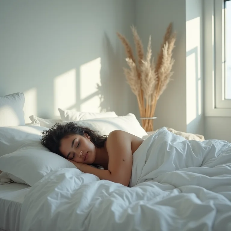 Quarto relaxante com paredes e roupa de cama cor gelo, mulher latina dormindo tranquilamente