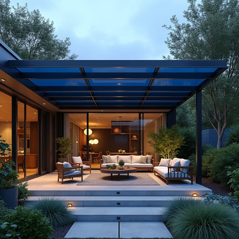 Quintal moderno com cobertura de policarbonato azul sobre o pátio