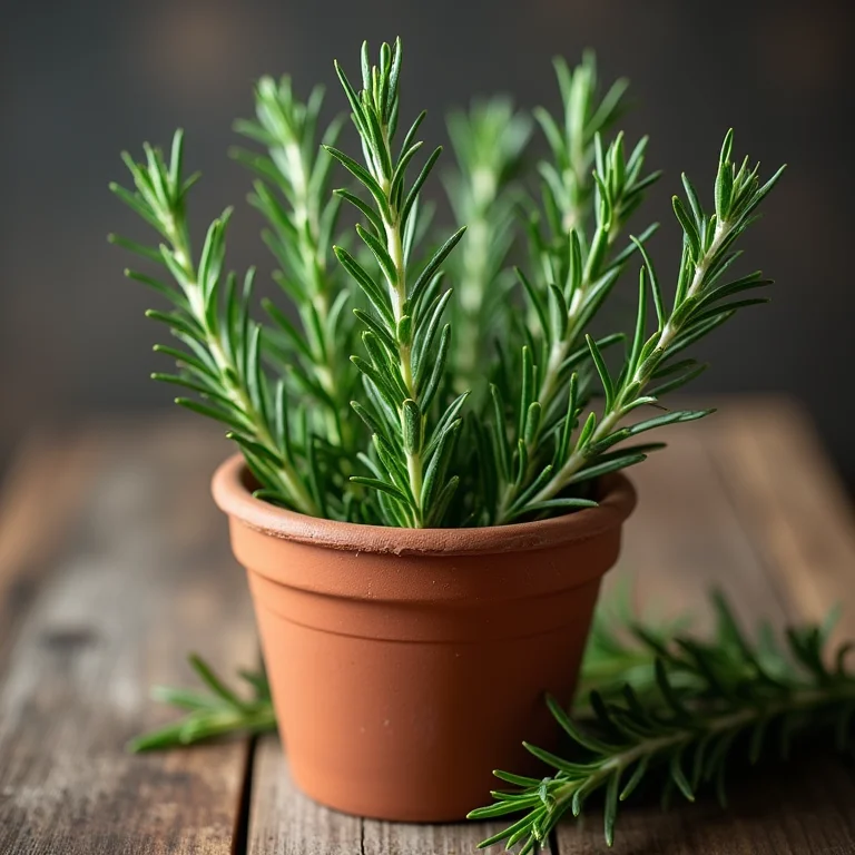 Ramo de alecrim fresco em vaso de barro.