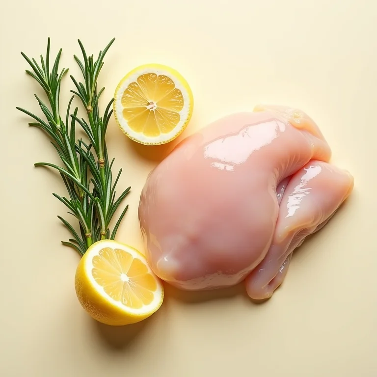 Ramos de alecrim fresco e fatias de limão ao lado de peito de frango cru