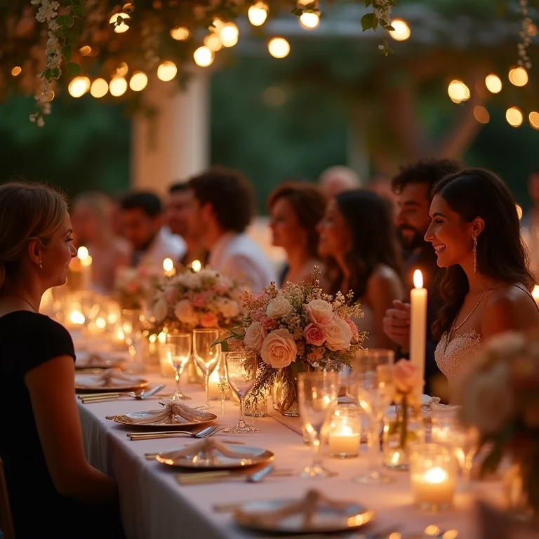 Recepção de casamento ao ar livre com mesas elegantemente decoradas e convidados