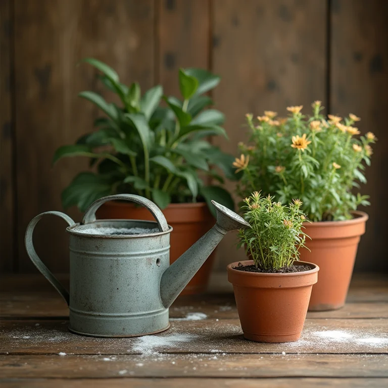 Regador transbordando com plantas murchas