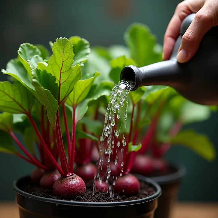 Regando beterrabas em vaso com regador
