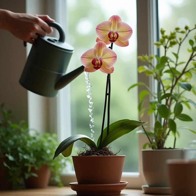 Regando orquídea com cuidado