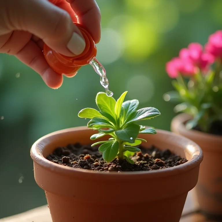 Regando uma planta Diascia em vaso, close-up nas mãos e nas folhas.