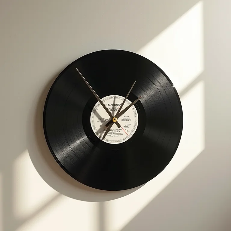 Relógio de vinil reciclado com design único em fundo minimalista