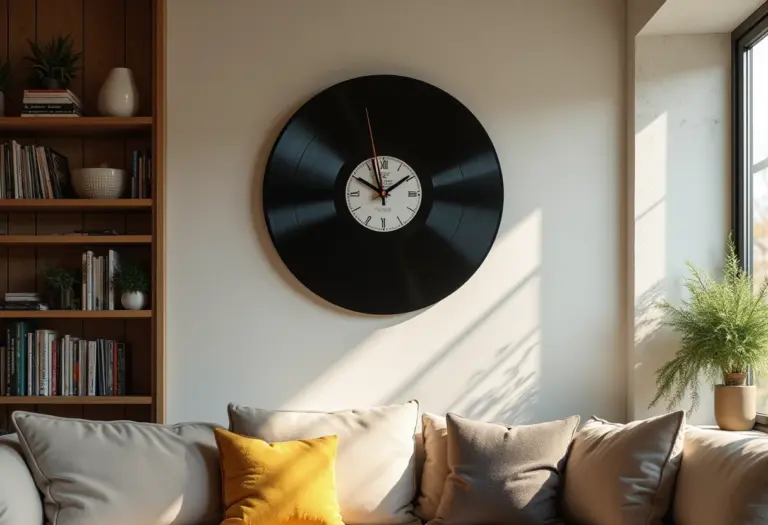 Relógio de vinil reciclado em parede texturizada com decoração minimalista
