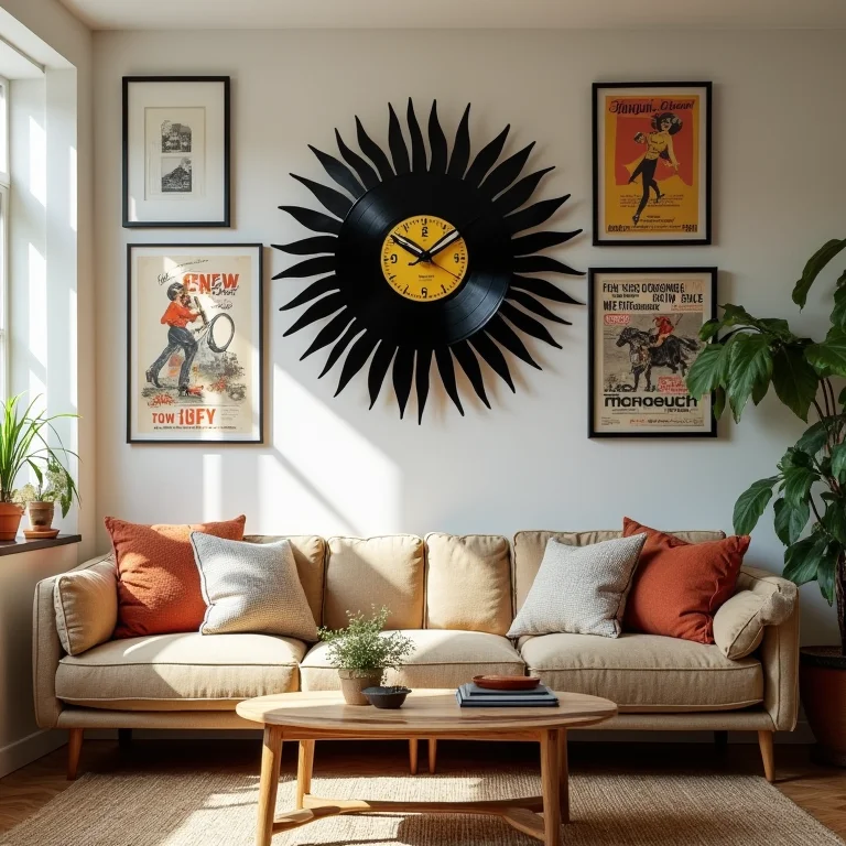 Relógio de vinil reciclado integrado em decoração eclética de sala de estar