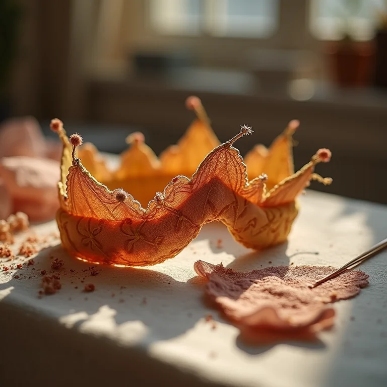 Retalhos de tecido, ferramentas de costura e uma tiara de tecido estampada parcialmente concluída sob a luz suave da manhã.