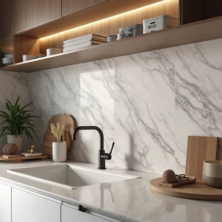 Revestimento de parede que imita granito em cozinha contemporânea