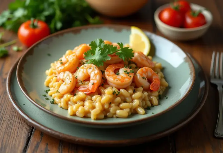 Risoto de camarão cremoso em travessa rústica