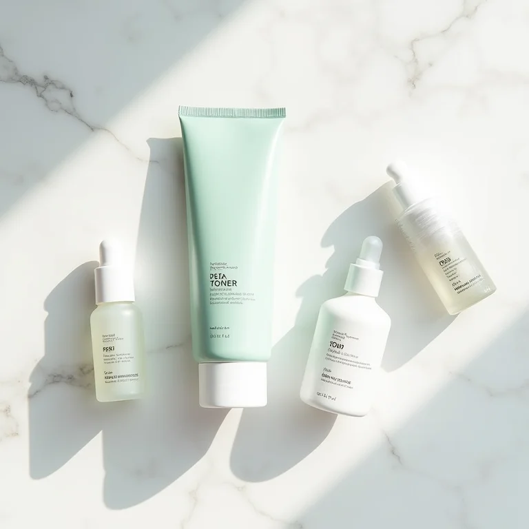 Rotina de skincare coreano noturno com diversos produtos em fundo minimalista.