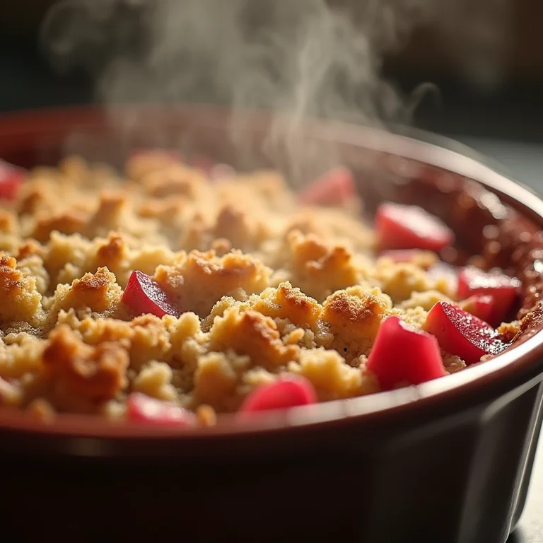 Ruibarbo assado em prato de cerâmica rústico com crosta dourada.
