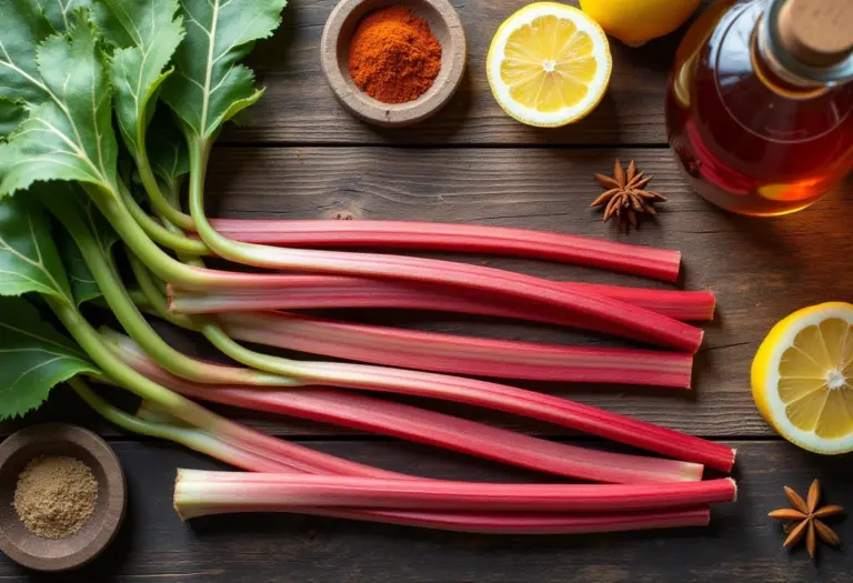 Ruibarbo fresco e ingredientes para receita saudável em mesa de madeira rústica.
