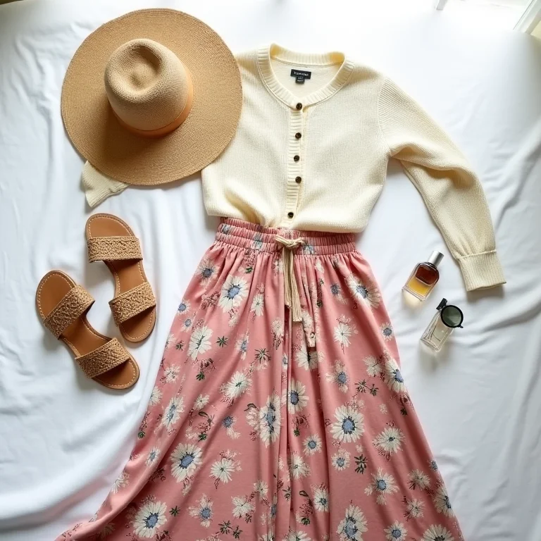 Saia longa estampada combinada com acessórios para look casual