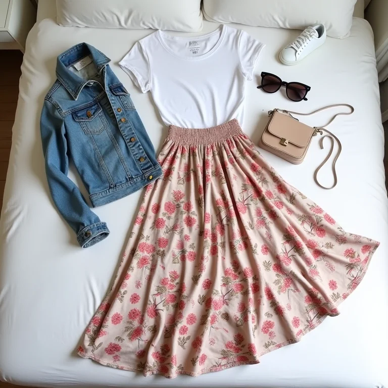 Saia longa floral combinada com camiseta branca, jaqueta jeans, tênis e acessórios