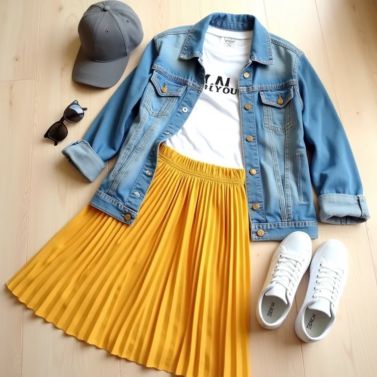 Saia midi plissada amarela combinada com camiseta estampada, jaqueta jeans e tênis branco em flat lay.