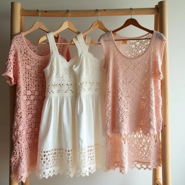 Saídas de praia de crochê em um cabideiro de madeira.