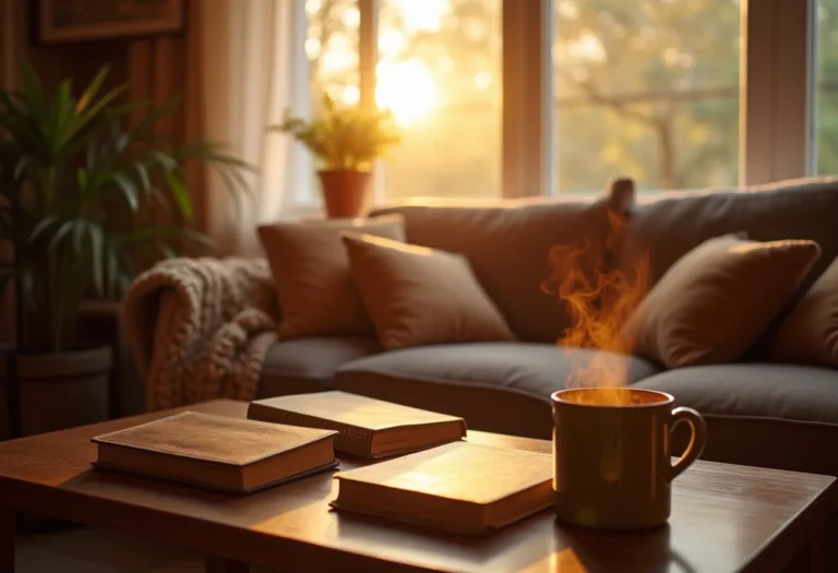 Sala de estar aconchegante com jogos e chá.