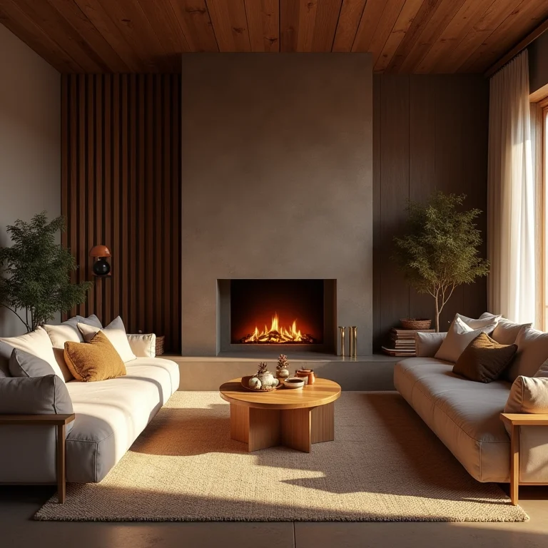 Sala de estar aconchegante com móveis de madeira, lareira e iluminação suave