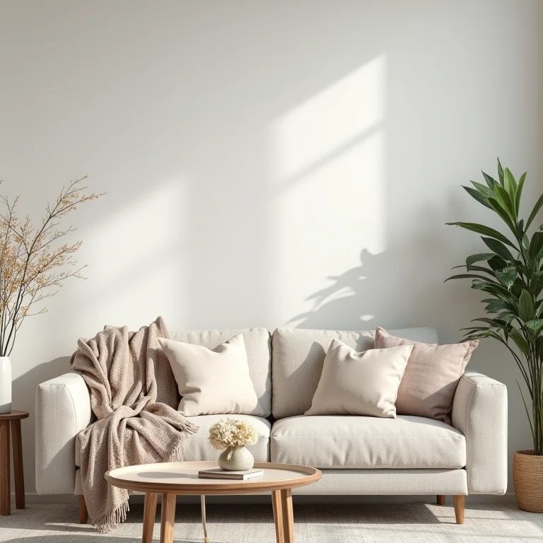 Sala de estar aconchegante com sofá, almofadas, manta e mesa de centro decorada com flores