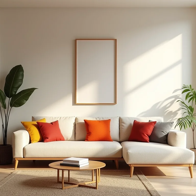 Sala de estar bege com toques de cores vibrantes