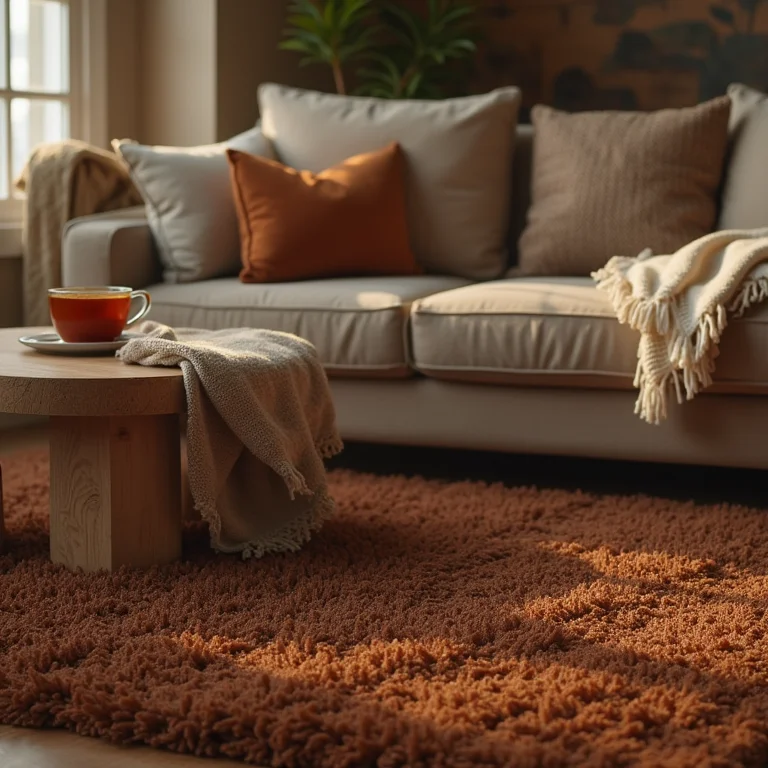 Sala de estar casual com tapete marrom e decoração aconchegante