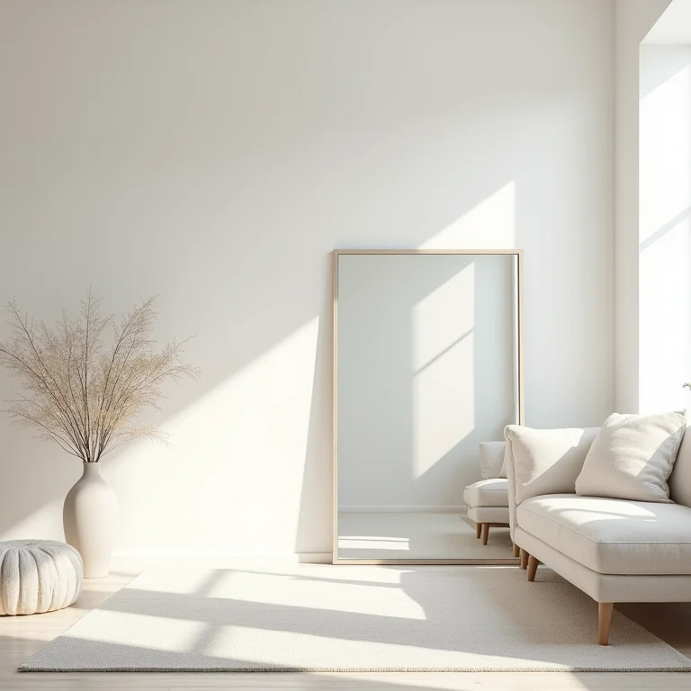 Sala de estar com cores claras e espelho para ampliar espaço.