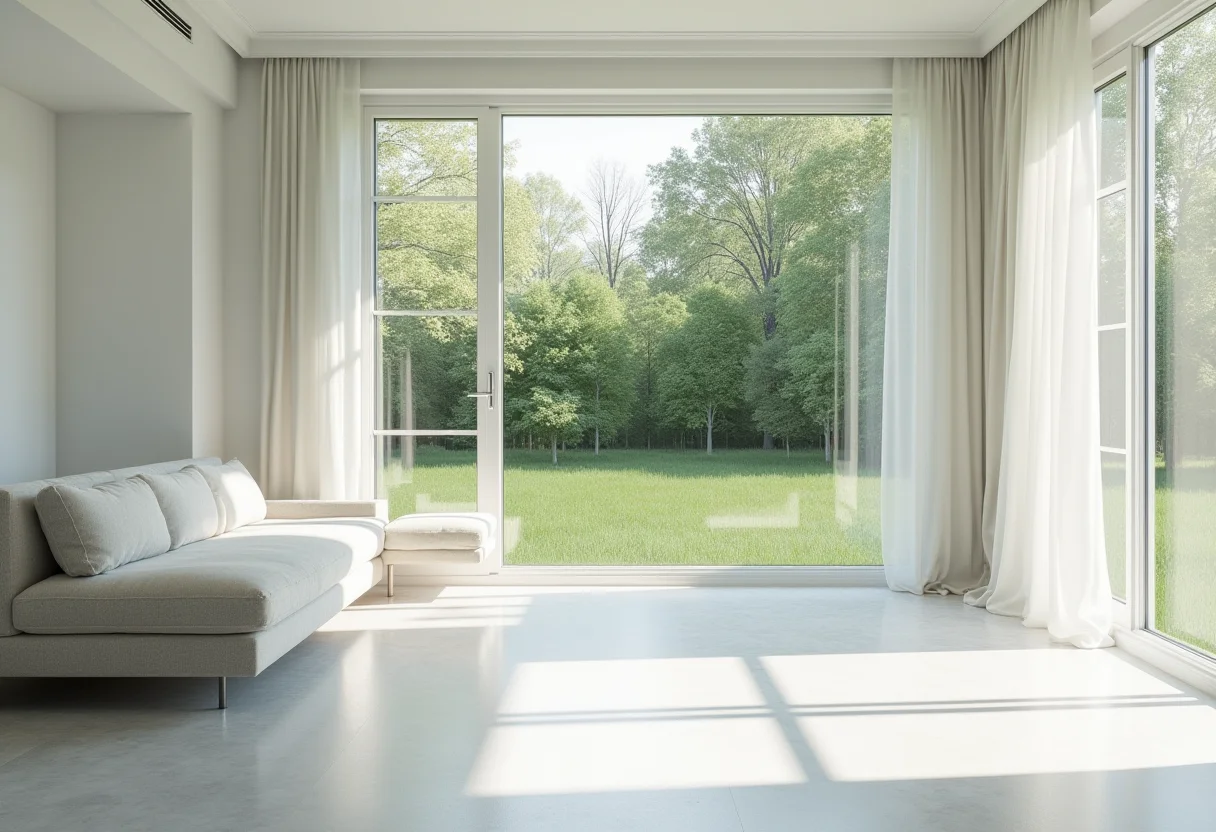 Sala de estar com paredes cor gelo e decoração minimalista, transmitindo amplitude e tranquilidade