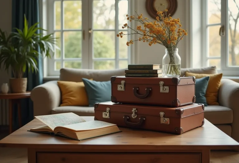 Sala de estar decorada com malas antigas como mesa de centro