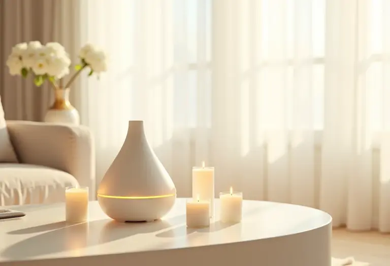 Sala de estar iluminada com difusores de aroma e velas perfumadas