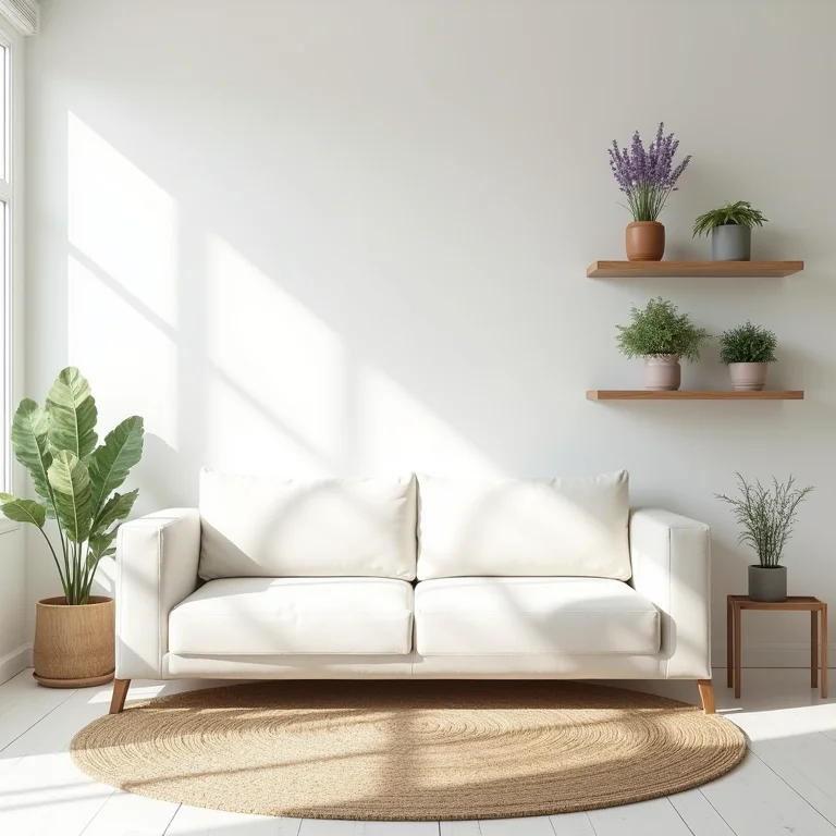 Sala de estar minimalista decorada com ervas aromáticas em vasos