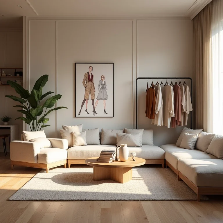 Sala de estar moderna com croquis de moda exibidos como obras de arte e araras de roupas servindo como divisórias de ambiente.