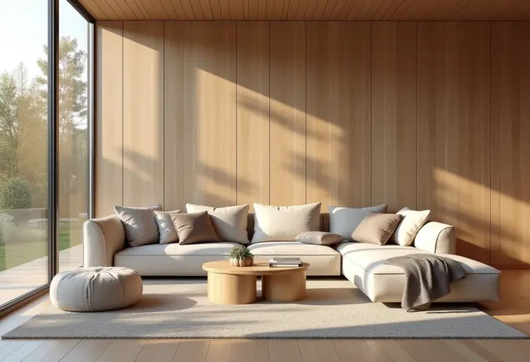Sala de estar moderna com painel de madeira natural e iluminação suave