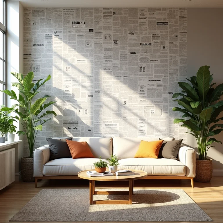 Sala de estar moderna com papel de parede de jornal e decoração minimalista