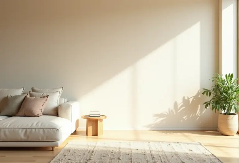 Sala de estar moderna com parede texturizada em tom neutro