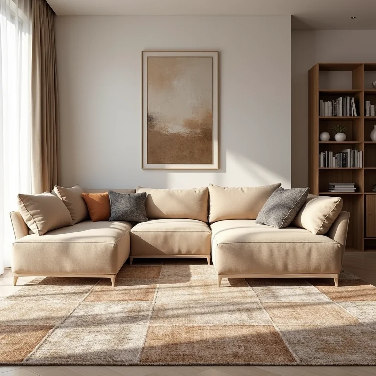 Sala de estar moderna com tapete marrom e branco